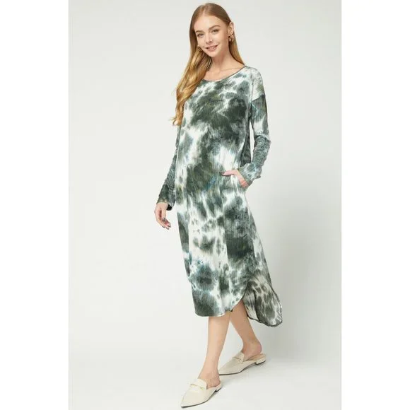 Entro Tie Dye Ribbed Pocket Midi Dress, Olive - Picture 1 of 6
